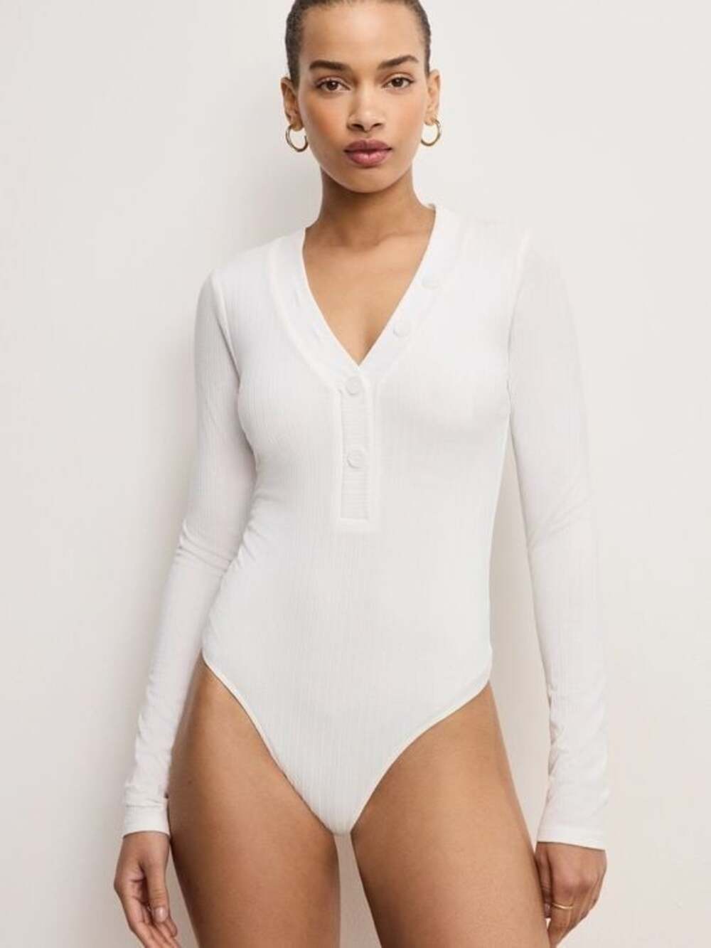 Good American-  Ribbed Henley Long-Sleeve Bodysuit - Ivory - Size L